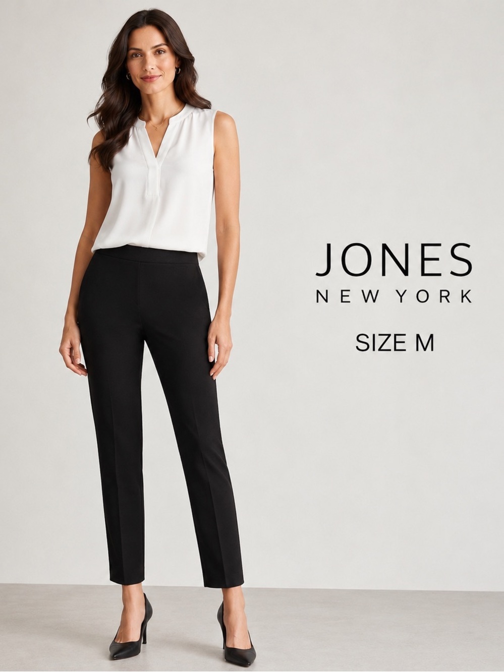 Jones New York Black Stretch Pull-On Straight Leg timeless minimalist pants / M